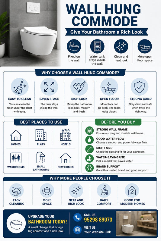 Wall hung commode infographic showing wall hung commode for bathroom upgrade benefits: easy cleaning, space saving, rich look, open floor space