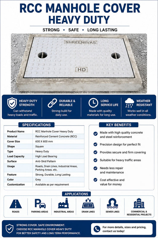RCC manhole cover heavy duty for roads – heavy duty RCC manhole cover for roads with anti-skid surface, HD marking, durable concrete design