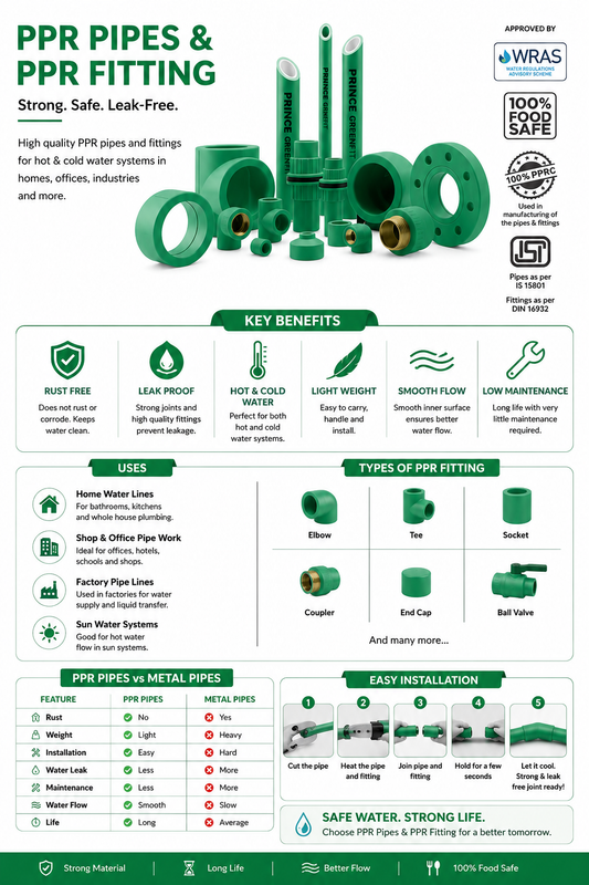 PPR pipes and fittings buying guide infographic showing PPR pipes and fittings uses, key benefits, and types for hot and cold water systems